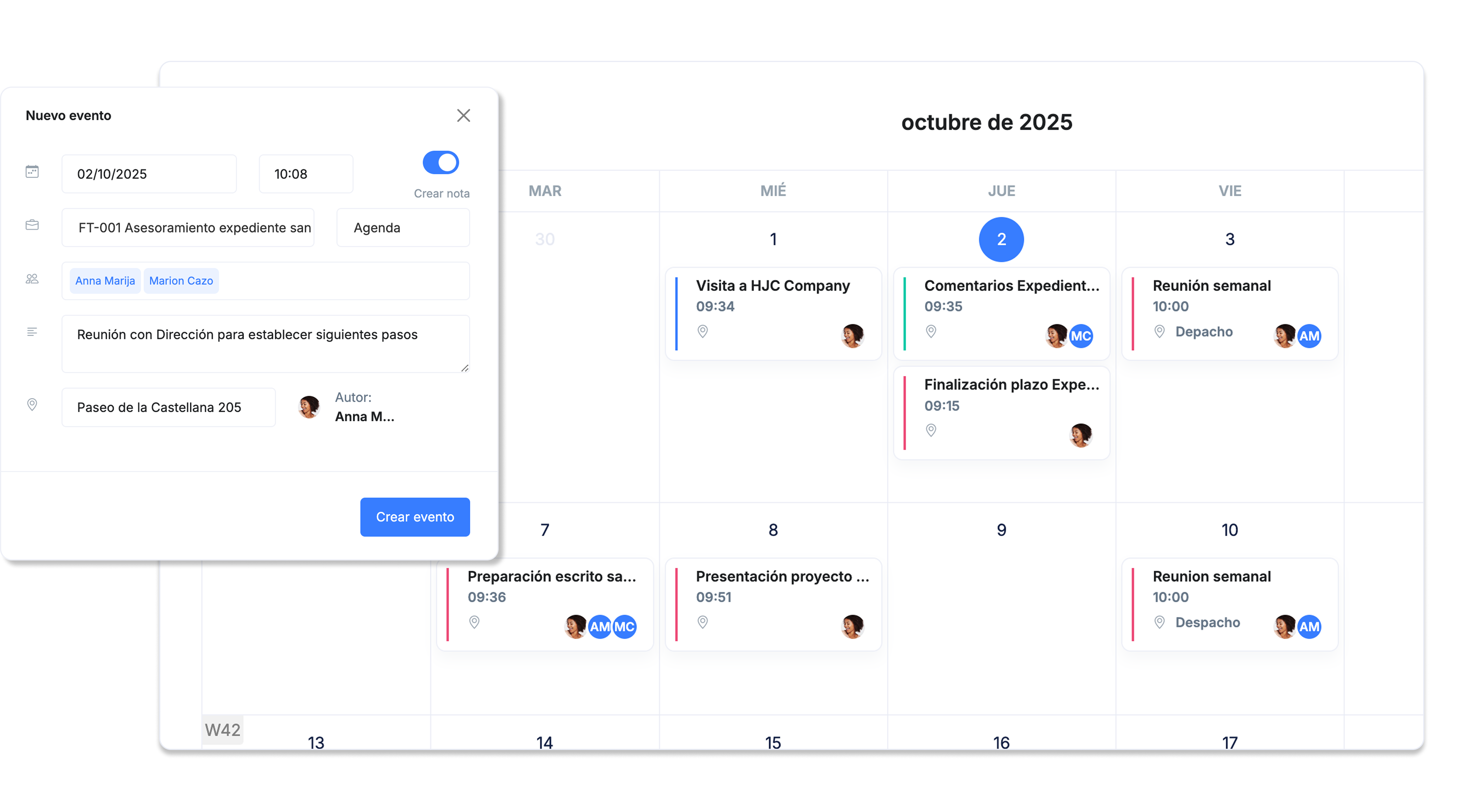 Vista del calendario mensual con modal para la generación de eventos