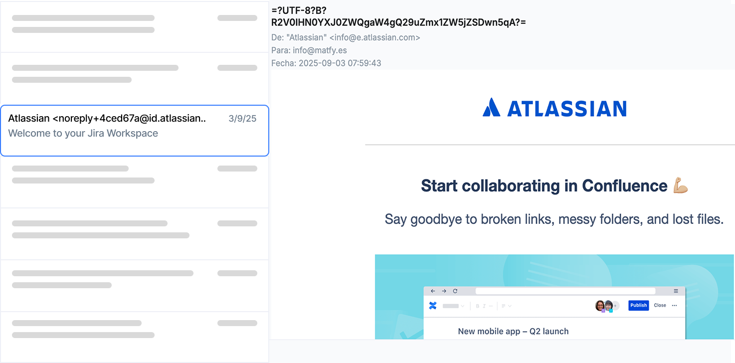 Vista del buzón de entrada de Matfy con los emails recibidos y opciones para generar notas o adjuntar a expedientes
