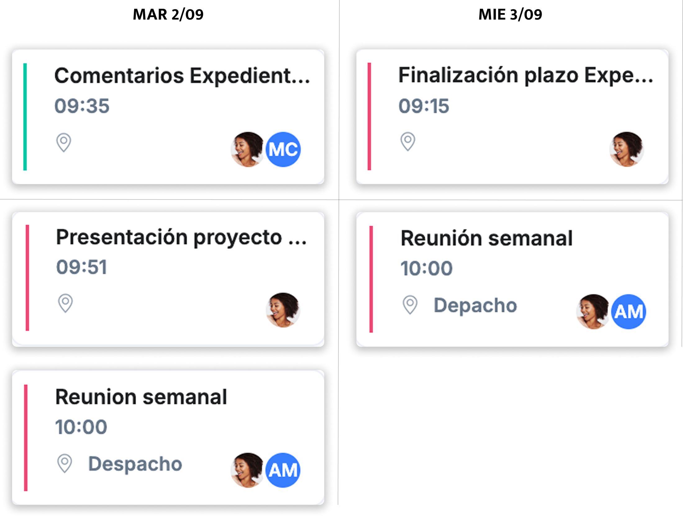 Tarjetas de eventos dentro de una vista parcial del calendario, correspondientes a dos días de la semana