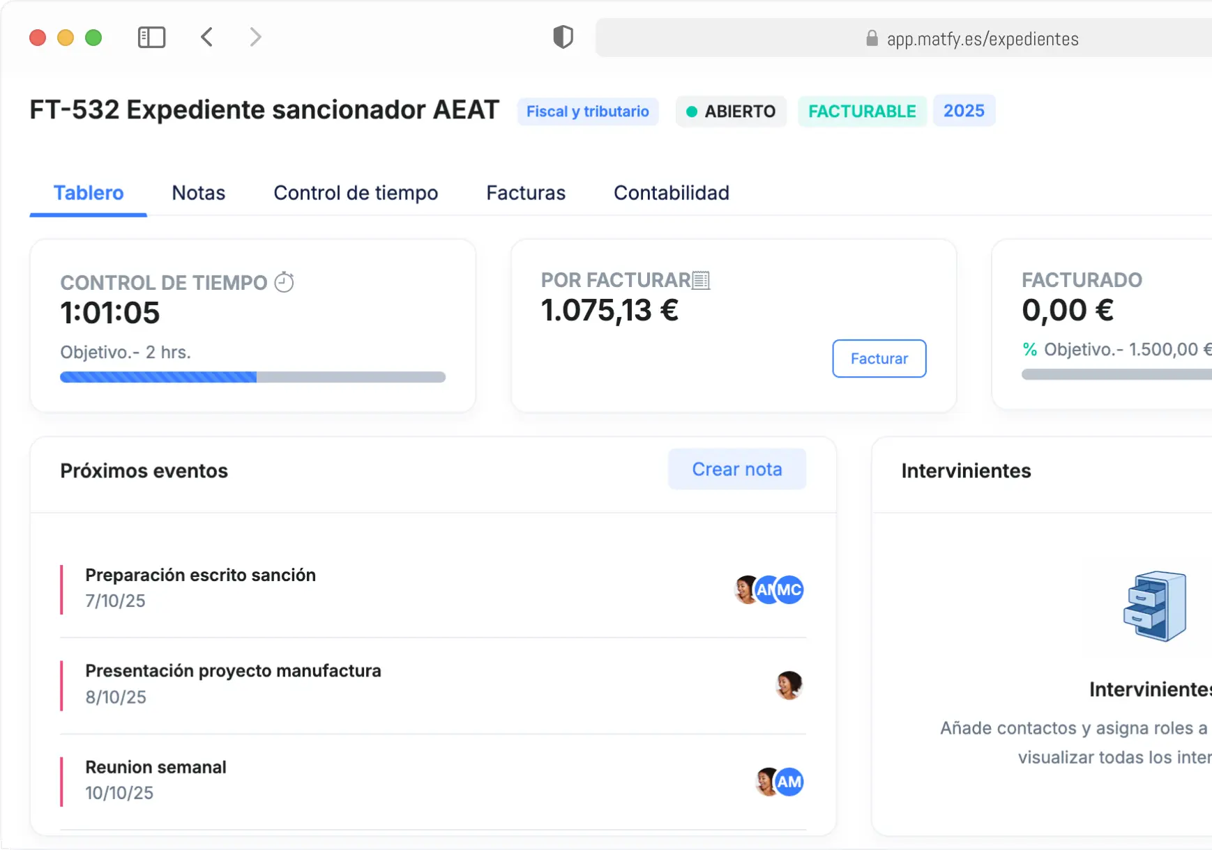 Vista del panel principal de Matfy con gestión de expedientes