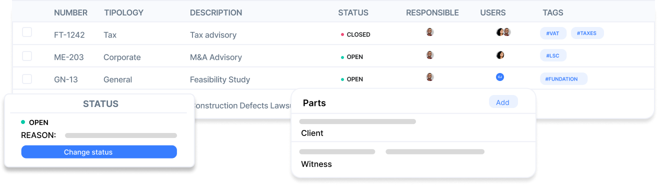 Panel de control del expediente mostrando información general, notas, control de tiempo y facturas