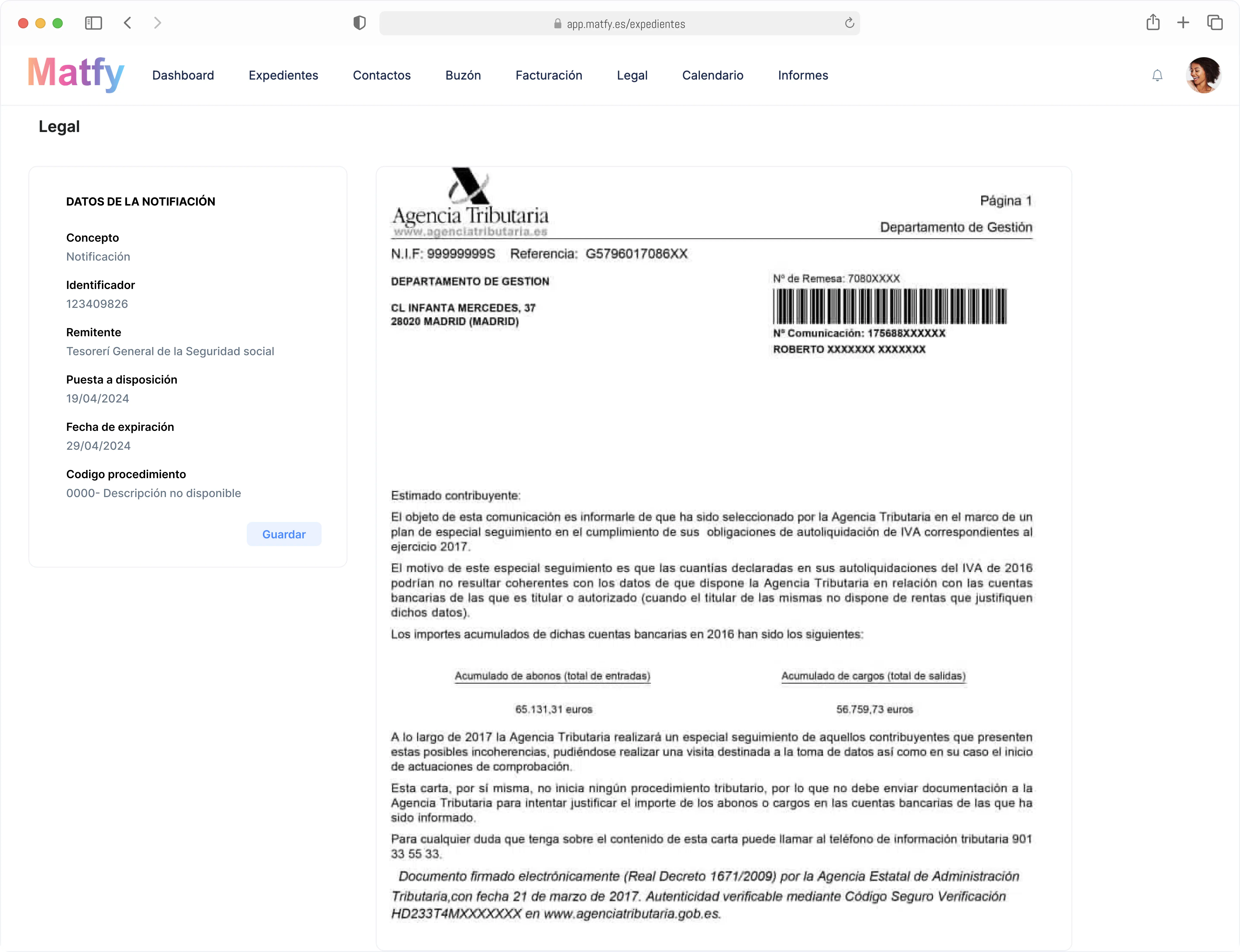 Vista del visor de notificaciones electrónicas mostrando la información descriptiva y el documento PDF de la notificación